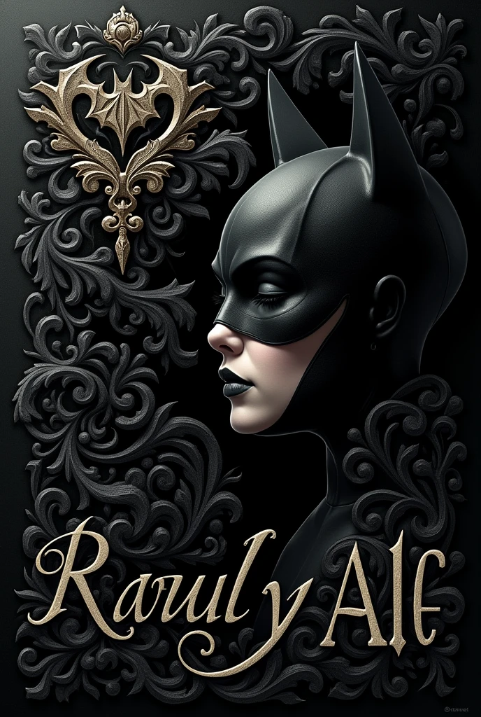 Generate me a wallpaper illustration with the phrase: Raul and Ale in Spanish in gothic art that subtly includes the Batman bat and Catwoman's mask, preferably in black and dark tones on a black background