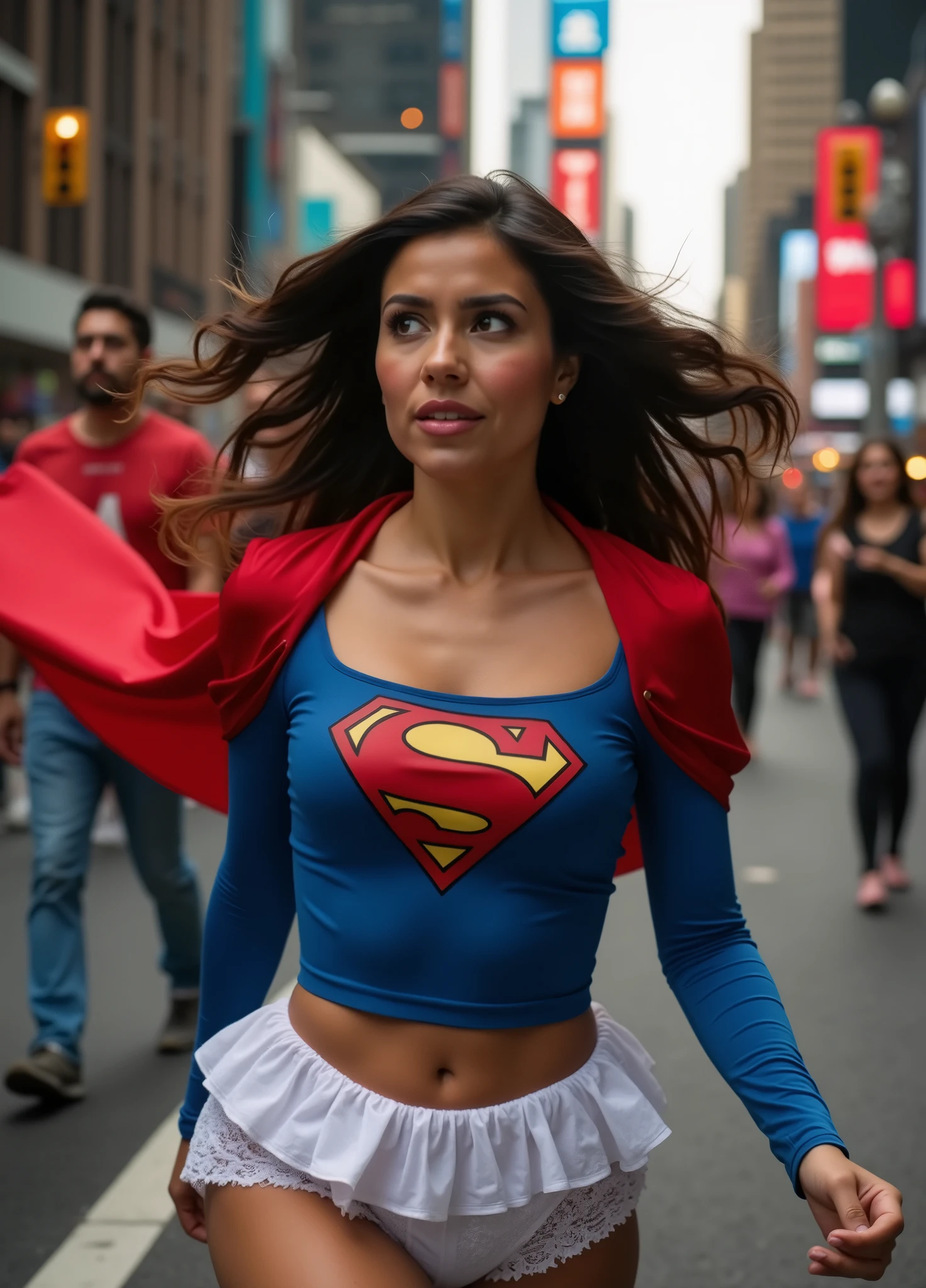 In the streets of New York a Latina Supergirl cross player is running down the street completely embarrassed shocked and ashamed as she is standing would just have a costume and white lace ruffle panties as the crowd laughs and looks on at her as she is half dressed exposed from the waist down