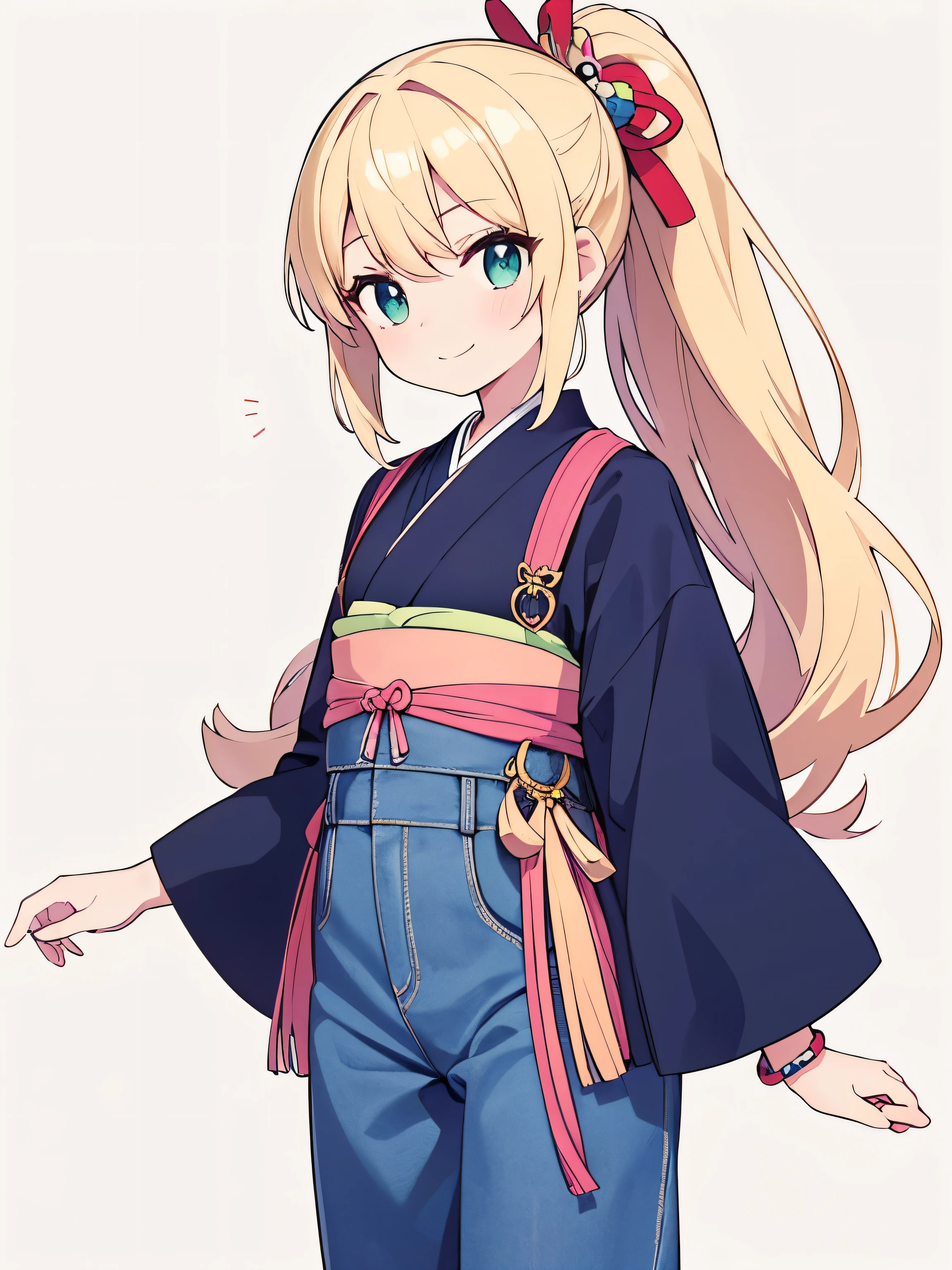 "Create a character design for Ria, a bright and positive female character who is half-Japanese and half-American. Ria should have the following characteristics:
Hair: Bright blonde hair styled elegantly, such as in loose waves or a sophisticated ponytail.
Expression: Warm, confident smile that conveys friendliness and maturity.
Eyes: Bright-colored eyes, such as blue or green.
Clothing: Casual yet stylish attire, including:
A well-fitted blouse or top with a design that combines elements of Japanese and American culture (e.g., a blouse with traditional Japanese patterns and subtle American accents).
Elegant jeans or a skirt that emphasizes a chic and mature look.
Accessories: Multicultural elements that hint at her heritage, such as:
A delicate Japanese hairpin or accessory.
A bracelet or necklace featuring subtle American flag elements.
Color Palette: Bright and sophisticated colors, including pastel shades, light blues, and soft pinks, with some neutral tones like beige or white.
Overall Design: Simple yet distinctive, easy to remember, and visually appealing to a global audience, with a touch of sophistication suitable for a wide range of ages.
Ria should embody the energy, positivity, and maturity of both cultures, making her a relatable and engaging character for language learning content."green background,