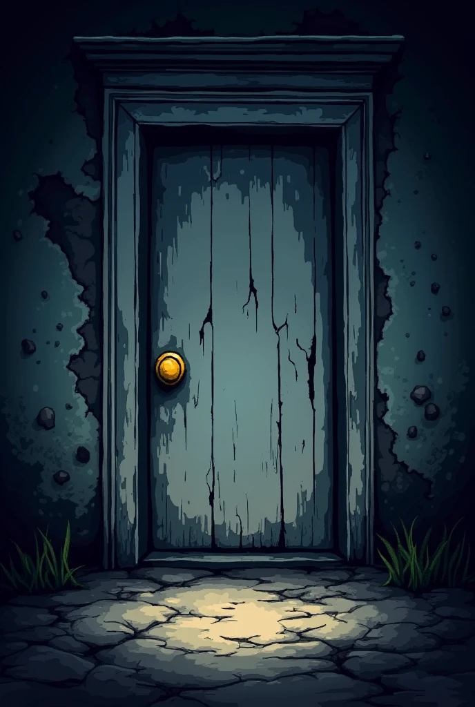 Create an image of a white door with a yellow knob on a dusty, worn-out house being closed. In the midst of darkness.,all this with a pixelated style similar to the visual style of Undertale.