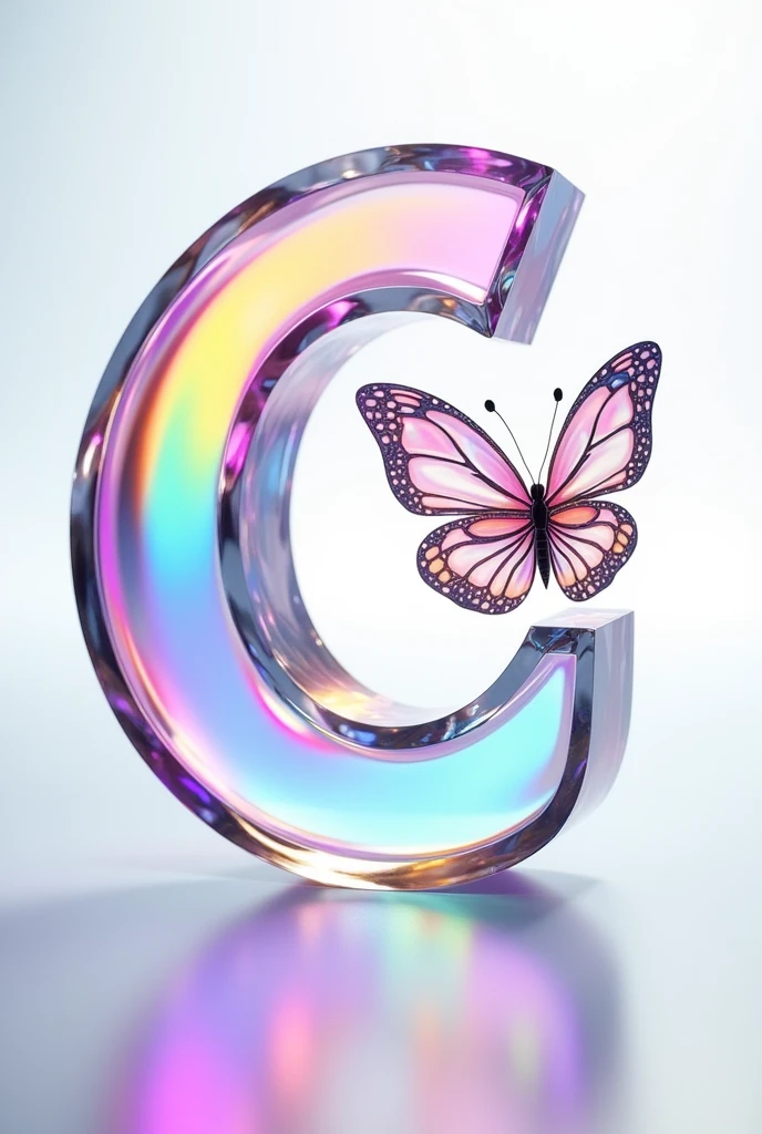 A captivating 3D glass render of the word"C" skillfully crafted into an elegant and sophisticated logo. The name is written in a graceful, flowing font, adorned with a tiny heart and a mesmerizing transparent, iridescent butterfly. Each letter is illuminated with vibrant neon shades of pink, blue, yellow, purple, green, and orange, adding a touch of modernity and charm. The logo stands out brilliantly against a clean white background, serving as a striking centerpiece. This enchanting design would be an ideal choice for a cinematic poster or architectural rendering, commanding attention and versatility across various applications.,
illustration, cinematic, 3d render, poster,typography, architecture, photo
