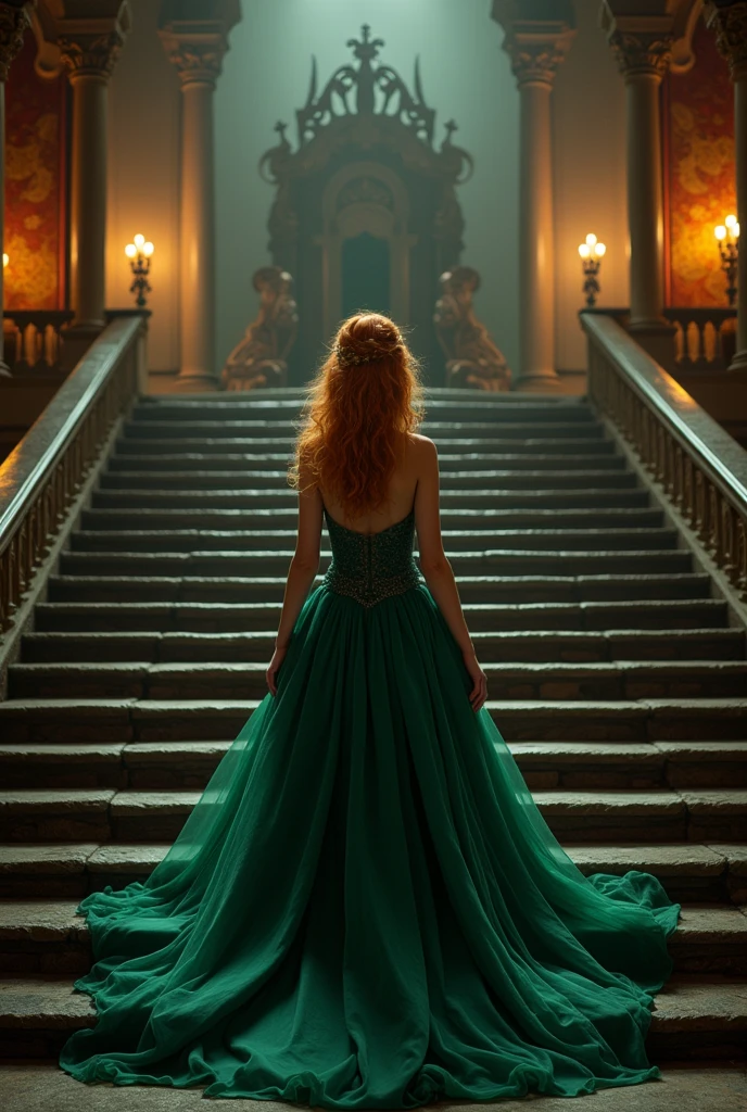 A 22-year-old girl, with white skin and red-blonde hair with golden streaks and emerald green eyes, Turning her back without showing her face, she wore a billowing green ball gown as she ascended a dark staircase, heading towards a medieval throne. 