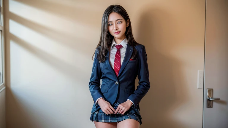 ((masterpiece)),(((Highest quality))),Thin thighs,Long legs,Girl standing at school,Red Tie Uniform,Dark Blue Blazer,Blue plaid skirt,18-year-old,amount,A small smile,Random Pause，Beautiful woman，Slim，,Perfect body、(((1 female)))、(((Beautiful and accurate five fingers)))