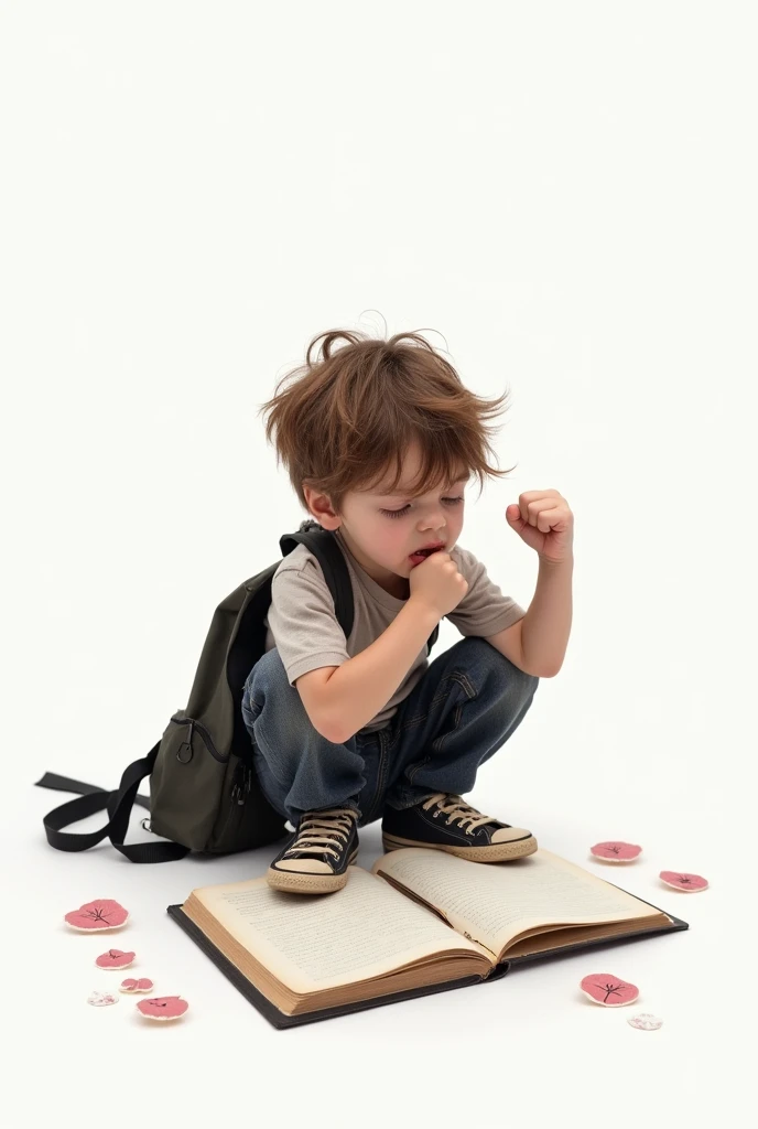 A solo boy with brown hair, sitting in a squat position on a plain white background, his face contorted in a sorrowful expression. His mouth and eyes are tightly closed, as if trying to hold back tears. He's dressed in a shirt, with a backpack and shoes visible beside him. A book lies open next to him, with blush stickers scattered around it. His arm is raised, hand clenched into a fist, adding to the overall sense of distress.