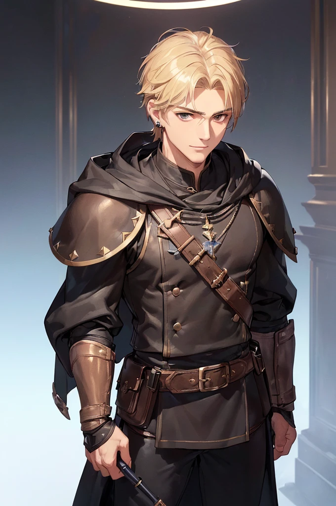 (((masterpiece; best quality: 1.2))), (detailed eyes: 1.3), ((1 young man)), ((solo)), (brown eyes: 1.4), (body shape; lean, masculine, manly face: 1.3), (short blond hair: 1.3), (clear background: 1.2), ((depth of field)), (equipment: masculine adventurer garb + practical hard-leather hunter protection + black tunic + black cloak +black stud earring: 1.3), (anime illustration: 1.2), (background composition; fantasy tavern interior + furniture: 1.1), (handsome: 1.1), (shot composition; standing + centered on face + bust close-up: 1.5), (facial expression; calm + smile: 1.2)