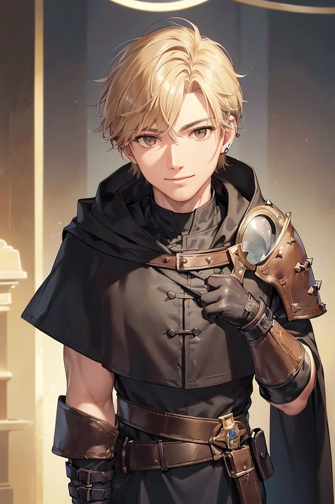 (((masterpiece; best quality: 1.2))), (detailed eyes: 1.3), ((ung man)), ((solo)), (brown eyes: 1.4), (body shape; lean, masculine, manly face: 1.3), (short blond hair: 1.3), (clear background: 1.2), ((depth of field)), (equipment: masculine adventurer garb + practical hard-leather hunter protection + black tunic + black cloak +black stud earring: 1.3), (anime illustration: 1.2), (background composition; fantasy tavern interior + furniture: 1.1), (handsome: 1.1), (shot composition; standing + centered on face + bust close-up: 1.5), (facial expression; calm + smile: 1.2)