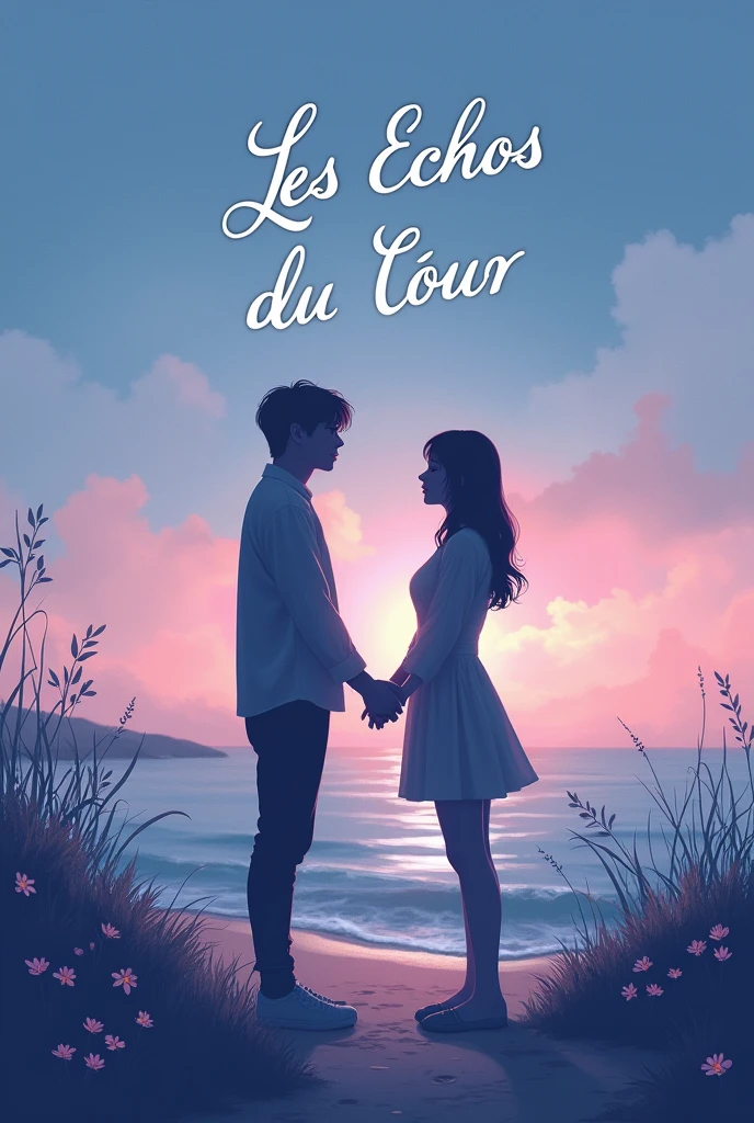 Un design avec deux silhouettes de Jungkook et Jimin se tenant la main ou se regardant intensément, symbolisant leur connexion profonde. Le fond pourrait être un dégradé de couleurs douces, comme des bleus et des violets, avec un paysage apaisant, comme une plage au coucher du soleil ou une forêt tranquille, et des éléments subtils qui suggèrent une connexion intime, comme deux chemins se rejoignant ou des empreintes côte à côte. Avec écrit bien en évidence Les Échos Du Cœur Écriture Poétique et Émotionnelle