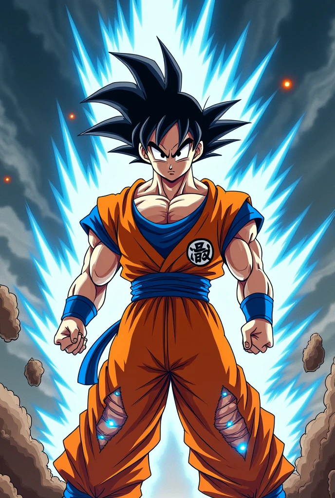 Goku manga animation of him turning ssj with very sharp hair full of lightning around .with ripped blouse and ripped pants.