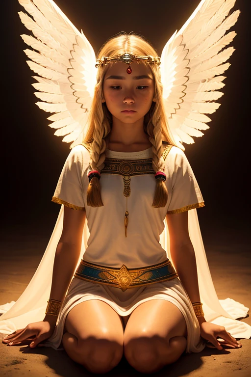 A young 15- yr old native American girl with lovely charminvg face,( skin texture masterpiece), (perfect full body detailed anatomy), (Super detailed), (meditating ), (glowing bright eyes),(short illuminating golden hair),Wearing transparent costume of an angel,holding a treasure septer & shield, illuminating different lights covers the sorrounding atmosphere Has beautiful large white wings, The character solemnly praying