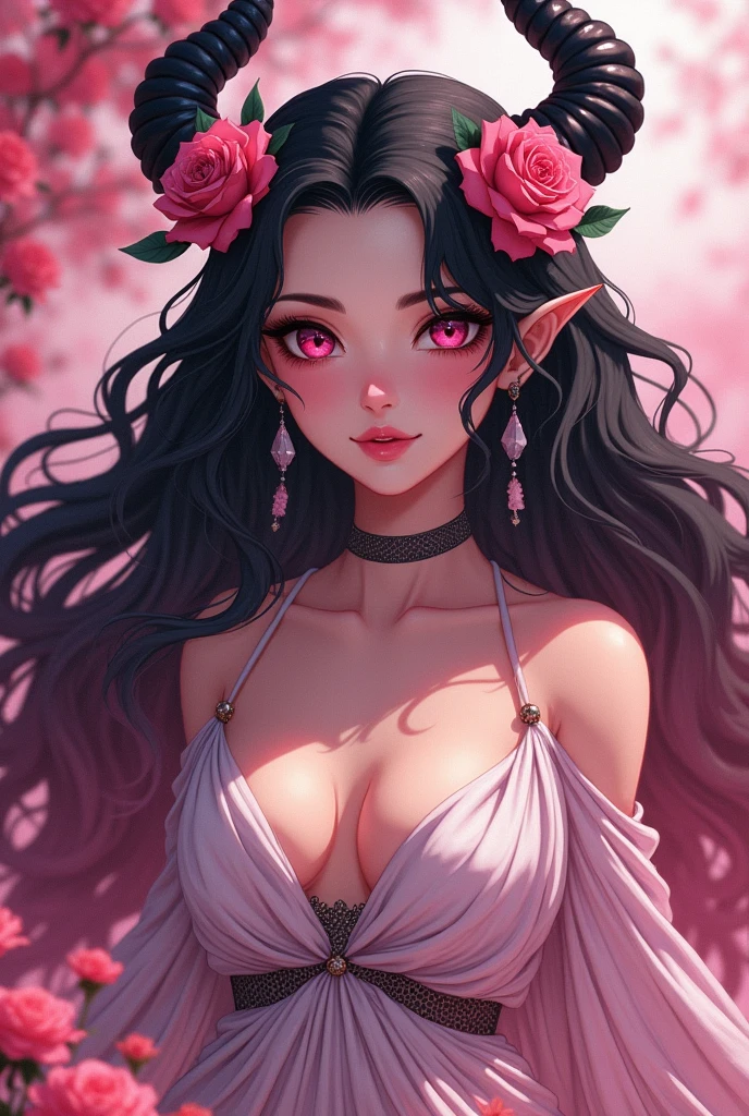 A 20 year old long pink mix black (gradations) haired woman, curly hair style, pink jewelry sharp dragon eyes, white/fair skin, with black dragon horns on top of her head and pink roses flowers against her horns. looks pretty, graceful yet intimidating and terrifying. wearing a fancy greek dress which make her looks like a goddess. make it with pink flower background and in anime style. 