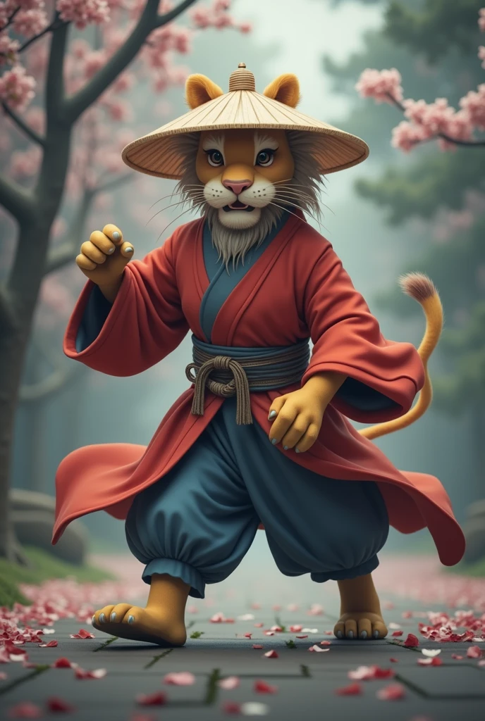 Create an image of a lion standing upright in traditional East Asian attire ( red ), wearing a wide bamboo hat on the head, walking pose
