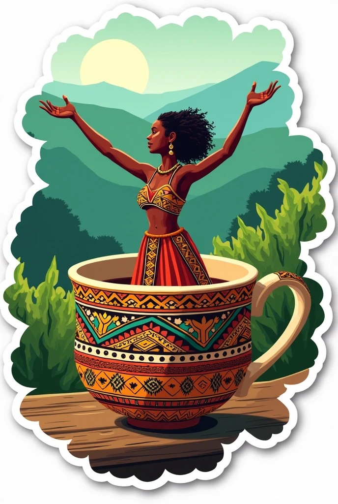 A sticker is adorned with small details that evoke its Ethiopian origin., as a traditional pattern in the cup. The character may be dancing gently or moving its arms to the rhythm of cheerful music, with a background of green mountains that subtly appear and disappear.