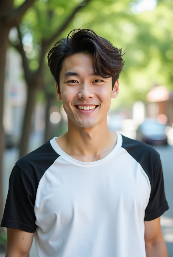 (photorealism:1.2), Handsome man, medium dark brown hair, greenish brown eyes, Korean, lovely smile, white short sleeve t-shirt, black sleeves