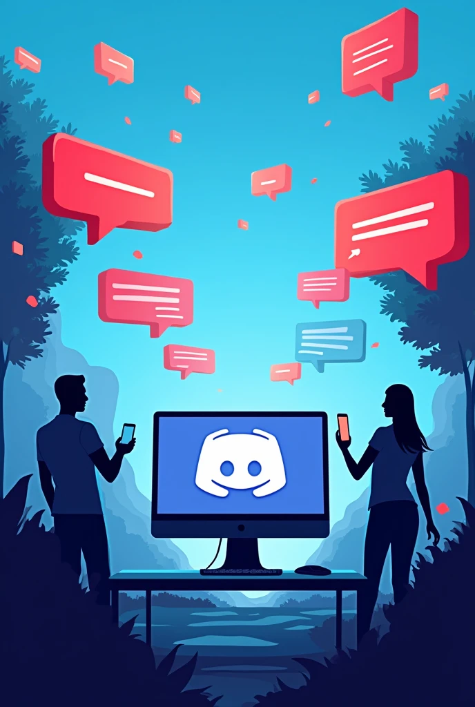 Internet concept background, Use light blue colors with red and black details, message elements ((games and chat)) between friends, open the computer with the Discord symbol, conversations and games, people talking from afar through speech bubbles 