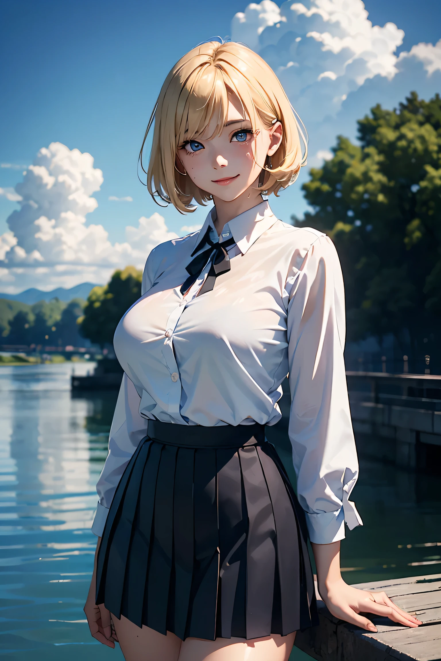 (masterpiece:1.2, Highest quality), (Realistic photos), Beautiful illustrations, (Natural side lighting, Cinema lighting),1 person, Japanese, 20-year-old female, Perfect Face, Symmetrical cute face, Glowing Skin, (Blonde Short Hair)、Flowing bangs, Dark blue eyes, Long eyelashes, (Large Breasts:1.4), Slender build, Beautiful Hair, Beautiful Face, Fine and beautiful eyes, Beautiful body, Beautiful breasts, (White collared shirt、Small black ribbon、Navy blue pleated skirt),smile、Blushing、stand、river、bridge、blue sky、White cloud、Sweating
