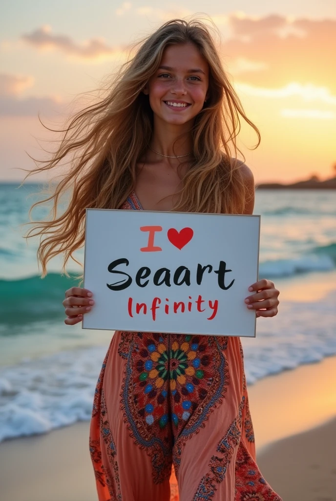 Beautiful girl with wavy long hair, bohemian dress, holding a white board with text "I Love Seaart Infinity" and showing it to the viewer