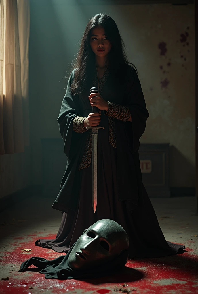 Indonesia very beautiful teenage girl, cutting throat a mask ninja, blood stains, blood splashed, room