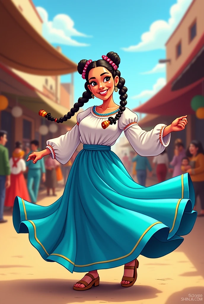 Cartoon of a cholita wearing a light blue skirt