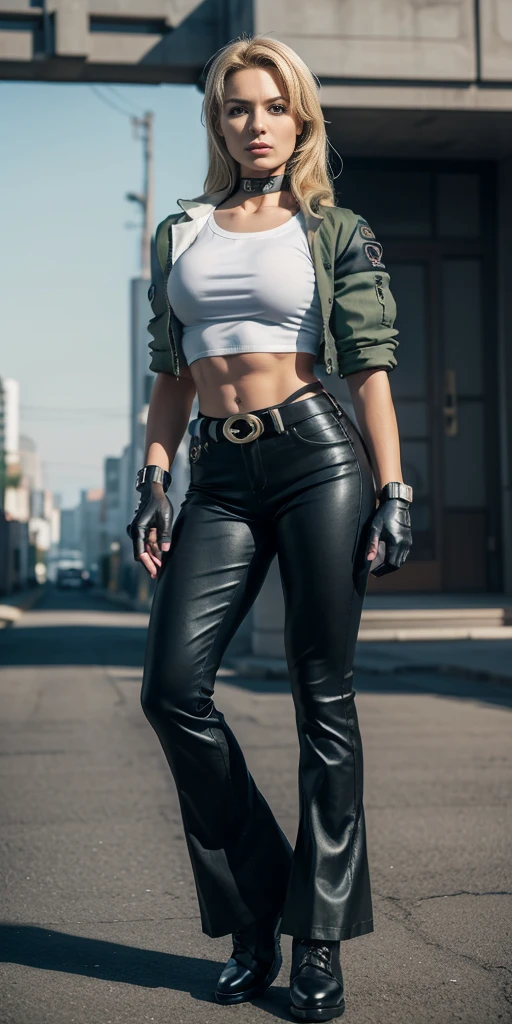 8k, masterpiece, best quality, ultra-detailed, sonyablade, 1girl, solo, long hair, blonde hair, cute blue eyes, breasts, choker, crop top, cropped green jacket, black fingerless gloves, full body, highleg panties, jacket, combat boots, lipstick, makeup, (abs:0.3), midriff, navel, black pants(Wide flares on pants:1.2),
