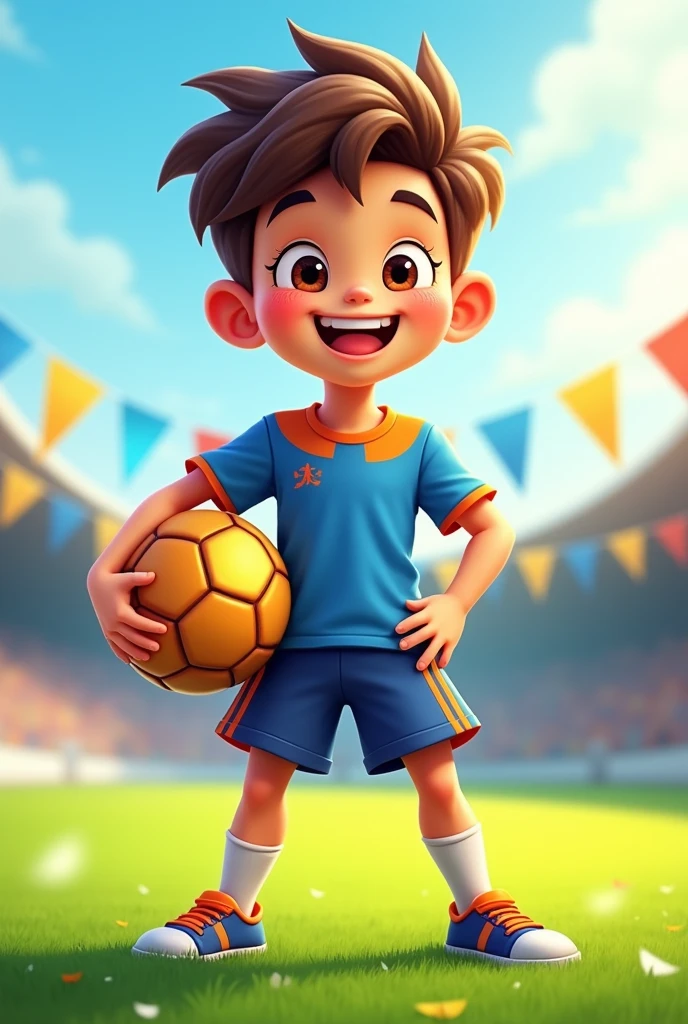 I want a boy player with a soccer ball but cartoon with a blue and orange t-shirt that is wearing that uniform of t-shirt and shorts
