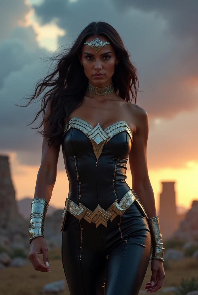 A beautiful woman Adriana Lima under the mantle of the warrior of Eutopia Zarda Shelton alias power Princes Marvel universe Black leather jumpsuit that covers her entire body and before arms the suit carries gold under her breasts and waist simulating a belt silver bracelets Diaema liza on her forehead silver choker on her neck Wonder Woman 84 Movie 
