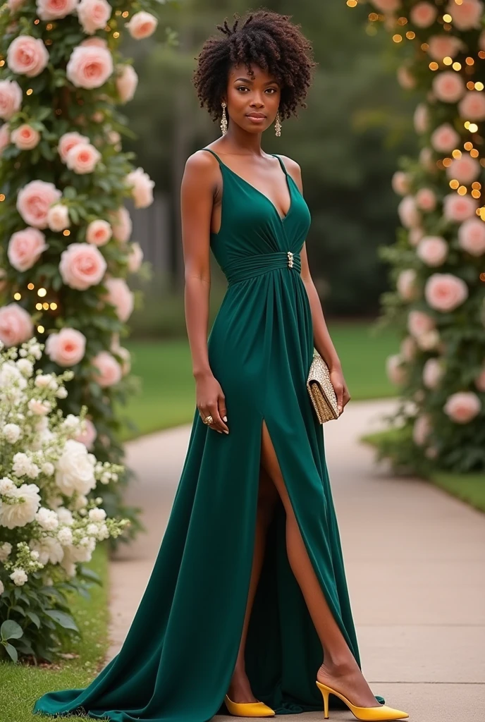 Dark moss green dress, with yellow pumps and a golden clutch. Wedding godmother, curly hair but with an elegant bun hairstyle. The dress strap is on one side only and has a slit on the side.
