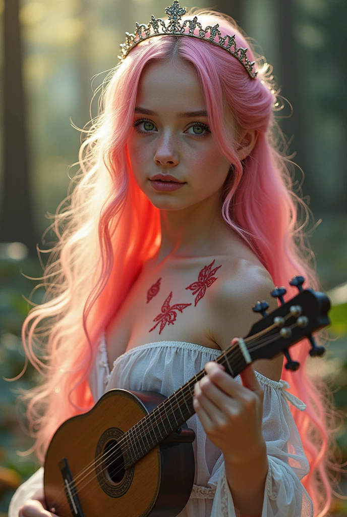 A very beautiful and young girl, Her hair is extremely pink and she has two blue streaks, Your skin is white and delicate, and it has red magical symbols on your shoulders and neck that are like tattoos., Her clothes are very elegant and chic, demonstrating wealth, She is the daughter of a fairy and carries with her her lute and two beautiful delicate swords. She is a bard and loves music., She always has her mandolin in her hands, her beautiful swords on her back, and a glow on her cheeks and under her eyes. She also wears a tiara.
