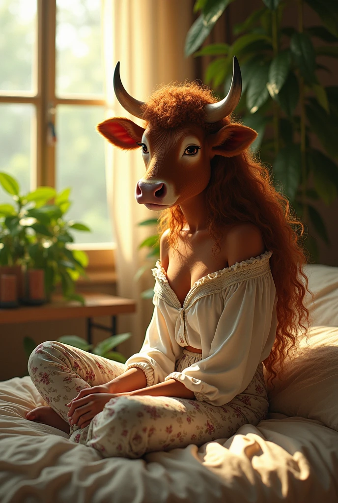 (photorealism:1.2), beautiful cow, sitting on bed, wearing loose off-shoulder top, pajama pants, long curly hair, indoors, soft lighting, plants in background, window with sunlight, cozy room, relaxed pose, realistic, intricate details, warm colors, by Greg Rutkowski, by Alphonse Mucha