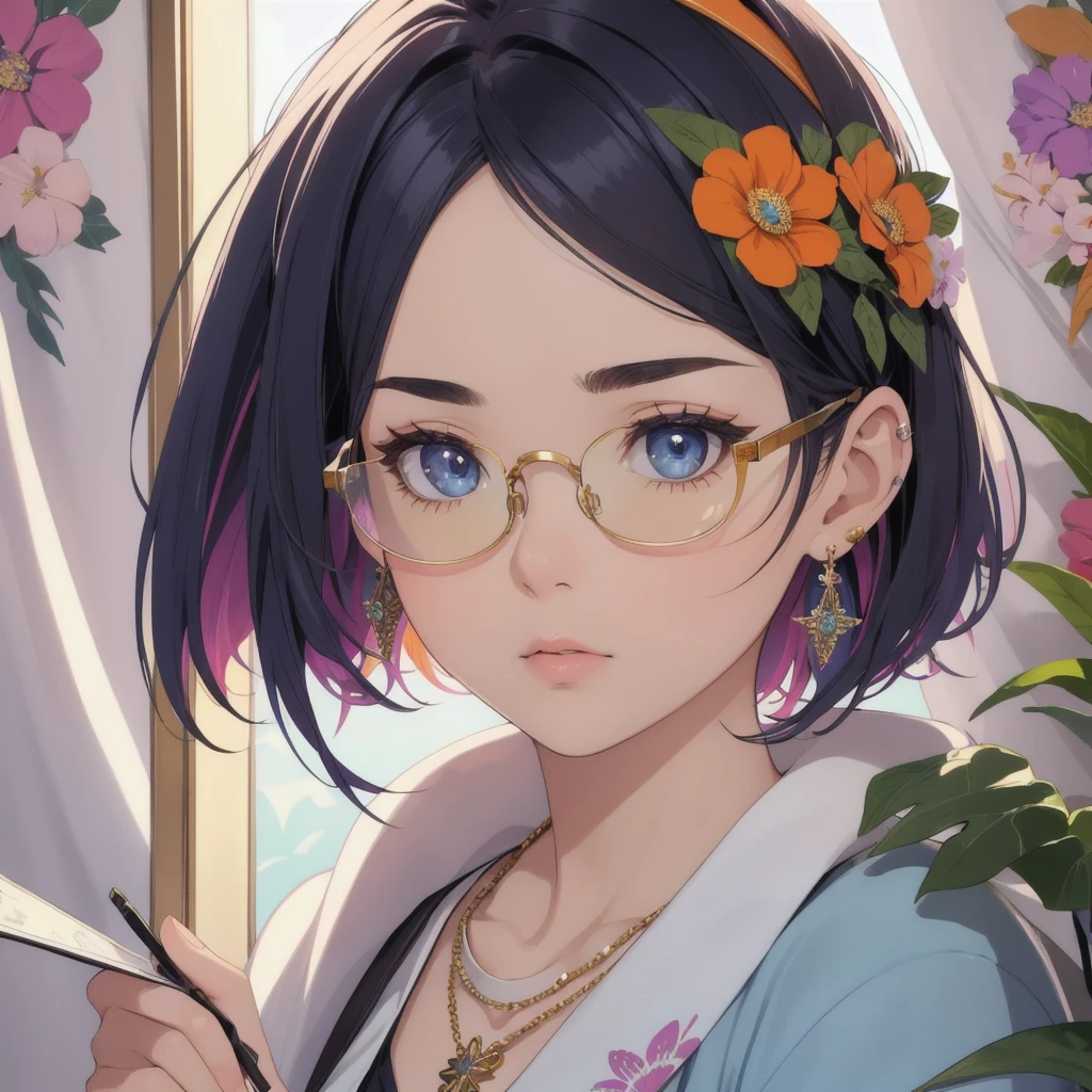 (masterpiece: 1.2), highest quality, (solo girl, solo: 1.6), (highest impact: 1.5), (maximalism: 1.7), beautifully detailed eyes, beautifully detailed lips, highly detailed eyes and face, long eyelashes, vivid contrast, (realistic), surreal illustration, high resolution, ultra detailed, absurd, (fractal art: 1.3), random hairstyle, random hair color, colorful, rainbow eyes, retro, precise focus, random pose, cinema 4d, dramatic, surprised expression, headband, studying at table, admiring, relaxing, private room, wallpaper, wide format, on a journey, (tinted glasses: 1.3), jewelry, looking at the viewer, alone girl, short hair, blue eyes, earrings, simple background, flowers, upper body, orange tinted glasses, sunglasses, necklace, jacket, mouth closed, floral print, bangs, makeup, earrings