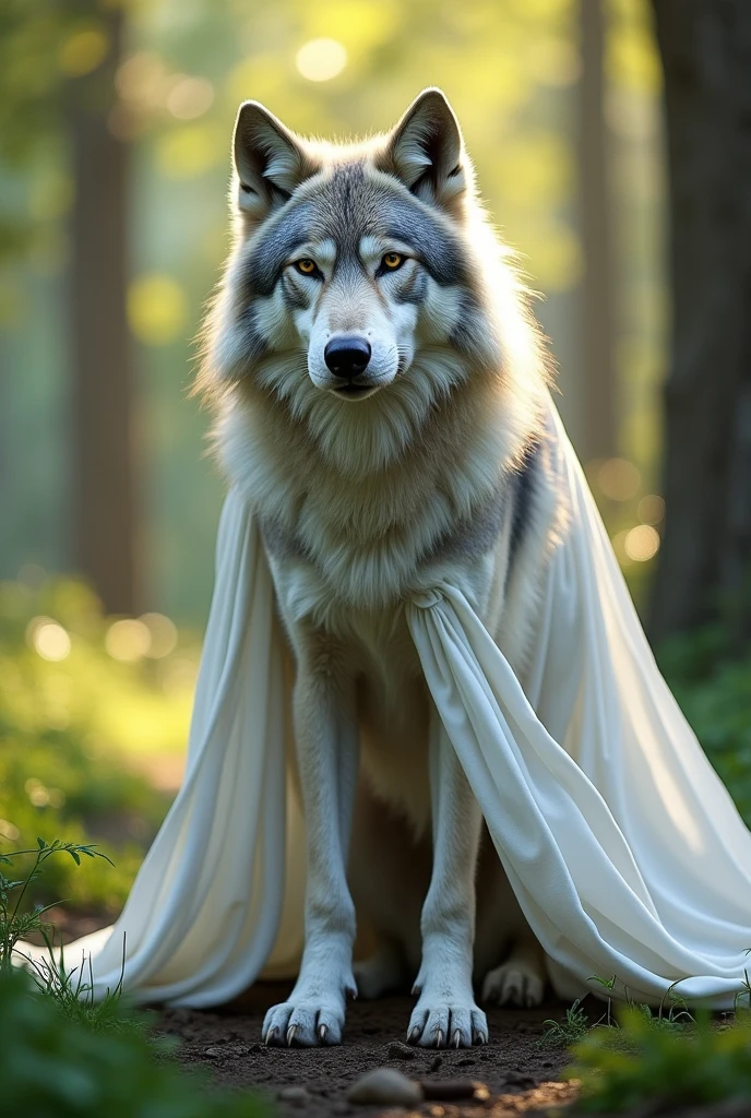 realistic wolf with white clothing, fiery eyes