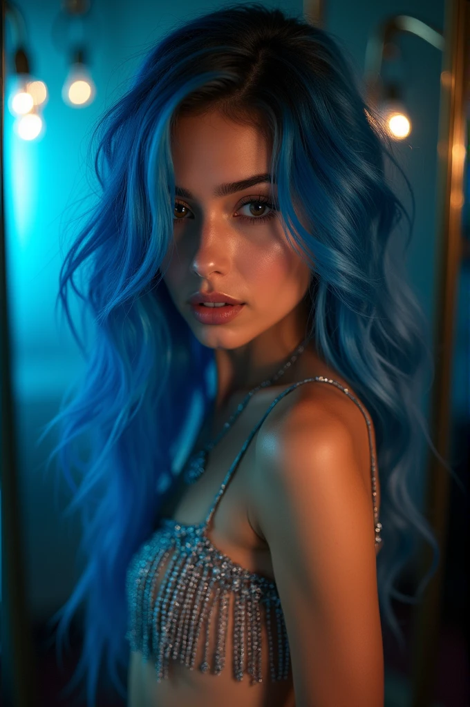 Belle fille, Brazilian model, 21 ans, model with electric blue hair, En regardant la caméra, woman with a beautiful face, long hair woman,  Qui fait un strip tease 