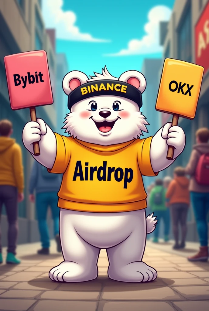 White gummy bear wearing a shirt with the words Airdrop, Black headband with the word Binance in yellow on top, Two hands holding signs that say Bybit and OKX