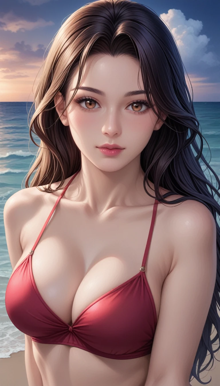 score_9, score_8_superior, score_7_superior, High-resolution CG illustration,A masterpiece in 32K resolution,Highest quality,it is really amazing,Very detailed,Ultra-high resolution,Ultra-realistic,Realistic,Increased depth of field,Cinematic lighting,
Sexy mature Japan woman,
Straight long hair with black hair,Showing his forehead,Ultra-detailed and beautiful face,Calm and gentle look,Beautiful brown eyes,Glossy, moisturized skin,Translucent white skin,Realistic skin texture,Great proportions,
Elegant red swimsuit,
Simple design,Chic color scheme based on red,Detailed fabric texture,
(Dark overcast sky on a dull night:1.1),(Dark clouds filling the sky:1.1),Thundercloud,Coastline at night,Stormy seas,delay々A desolate sandy beach that continues,
Beach morning glory is growing in clusters on the sandy beach.,
(Beautiful cleavage:1.1),(High angle:1.1),