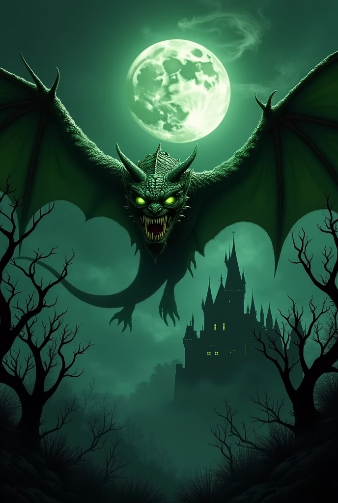 A macabre green demon with dark green dragon eyes and large vampire teeth flying over dry trees in the middle of the darkness in the background Dracula&#39;s castle 
