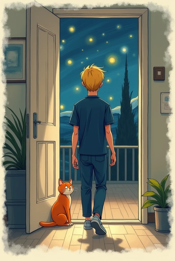 Can you create a 2D Polaroid drawing of a painting in the background, one piece , A tall, thin, blonde nursing student in a navy blue medical uniform, He will enter and his orange cat will greet him, that it's tender and looks like a cartoon, the background can be a painting of the starry night, It can be with less color, that it looks like a cartoon and it is to print in a photo frame, I need the student to be entering his house and the kitten to welcome him tenderly, It is for printing so it should be less colorful, almost black and white., It could be the first image you created but with less color.