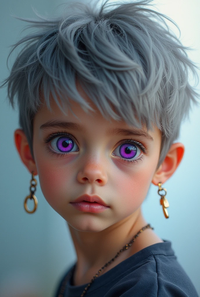 1boy, portrait, earrings, solo,lips, male focus, purple eyes, looking at viewer, grey hair, short hair, closed mouth,
