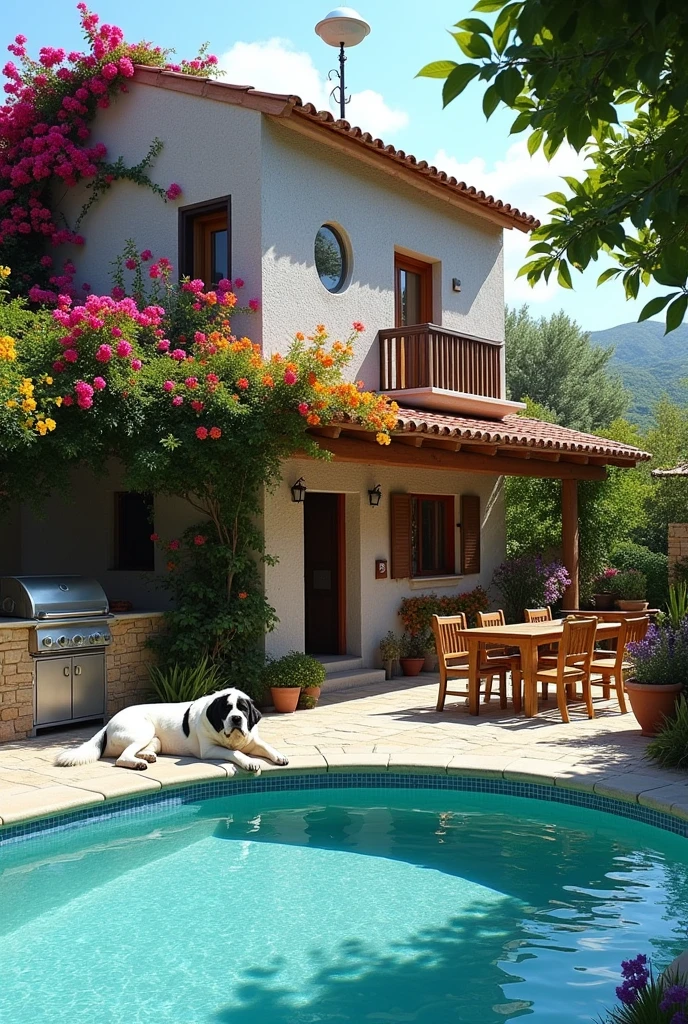 Grey Mediterranean house with a large garden full of flowers.
With a pool, a barbecue area and a Saint Bernard dog. 