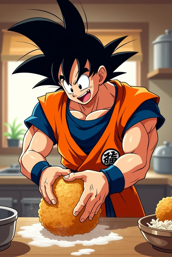 Goku kneading a deep-fried pastry, estilo de dibujo de akira toriyama de los 80's