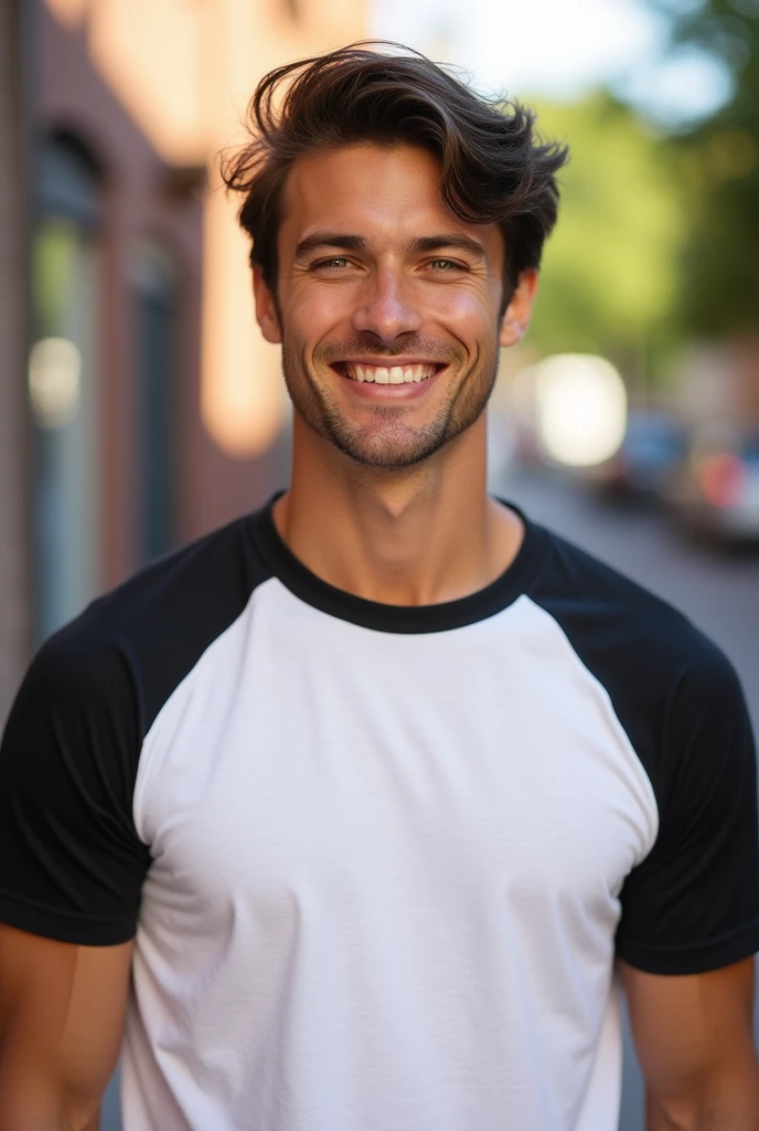 (photorealism:1.2), Handsome man, medium dark brown hair, greenish brown eyes, lovely smile, white short sleeve t-shirt, black sleeves