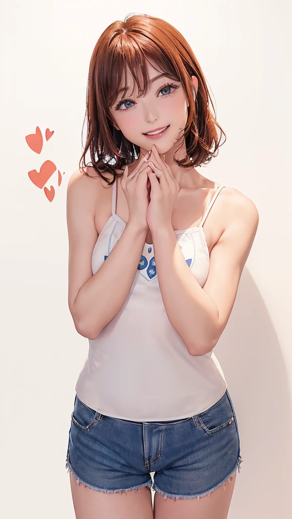 (((Cowboy Shot、Women's solo shots、Oil、Pure white wall background、masterpiece、Highest quality、High resolution)))、Redhead、Bob Hair、(((Wearing a blue camisole)))、(((Heart patterned camisole)))、Fashionable hairstyles、Red cheeks、((No Shadow、Frame In))、Cute Face、((Small breasts))、((Smiling shyly))、((Cute expression))、(((With hands up)))