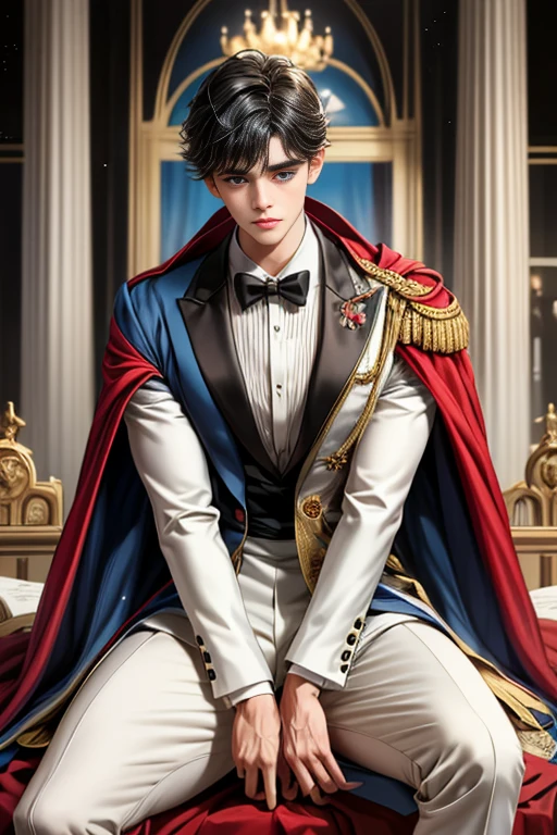 
masterpiece, 最high quality, high quality, 1 boy, alone, Male focus, Watching the audience,  Messy black hair, Adorable big blue eyes, White people, Noble, Noble,Sexy voluminous cape、Tuxedo、A very voluminous, large, very large, very large, long, long red and black cape with a high stand-up collar, reaching down to the floor, made of a lot of fabric., ,Cute beautiful boys,Cute, cute, kind, handsome guy