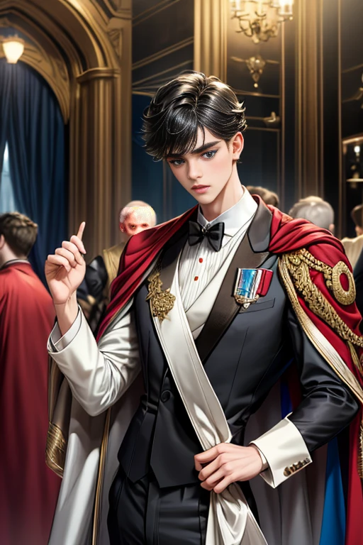 
masterpiece, 最high quality, high quality, 1 boy, alone, Male focus, Watching the audience,  Messy black hair, Adorable big blue eyes, White people, Noble, Noble,Sexy voluminous cape、Tuxedo、A very voluminous, large, very large, very large, long, long red and black cape with a high stand-up collar, reaching down to the floor, made of a lot of fabric., ,Cute beautiful boys,Cute, cute, kind, handsome guy