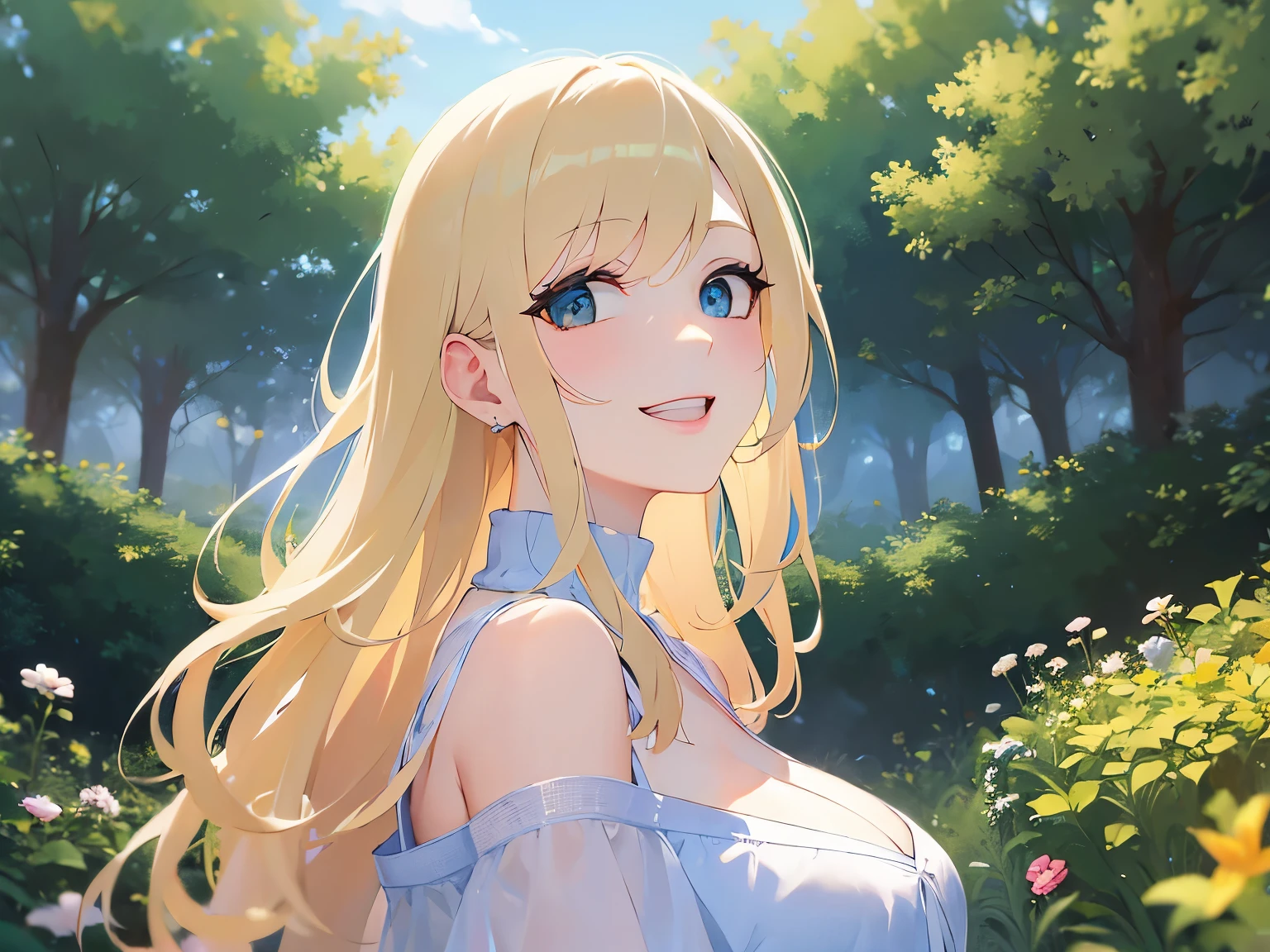side angle, cinematic angle, looking up, Cleavage、Biologically correct five fingers、Upper Body, Realistic, real person, (pale skin: 1.2), RAW photo, photorealistic, shiny skin, shiny hair、(A 25-year-old woman with medium-length hair and bangs) and (wavy hair) and (Blonde Hair) and (green eyes) , BREAK (white) and (off shoulder blouse) BREAK 、 (blush:1.1), (smile:1.5), open mouth, The background is a park、Alone、Are standing