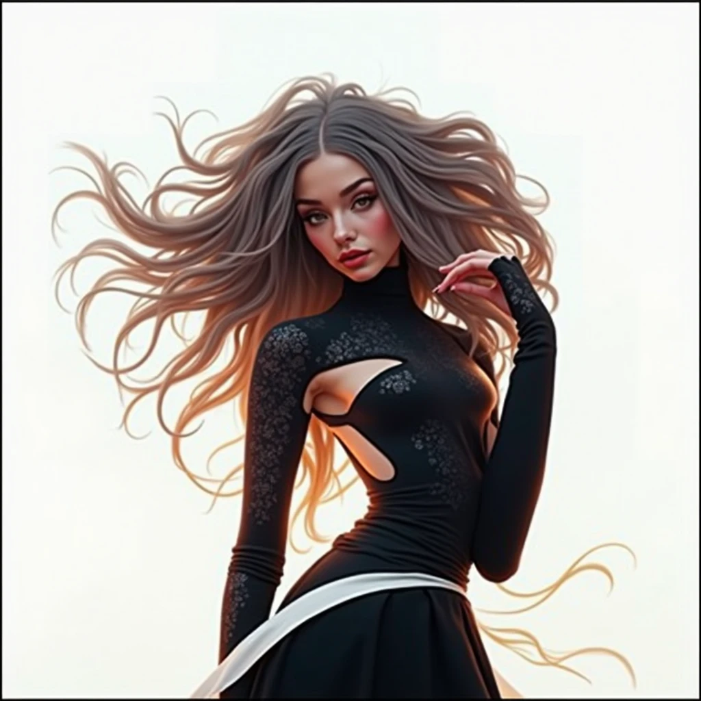 beautiful woman, 3d, hyper-realistic, detailed face, long flowing hair, elegant dress, serene expression, glowing skin, warm lighting, vibrant colors, photorealistic, masterpiece, 8k