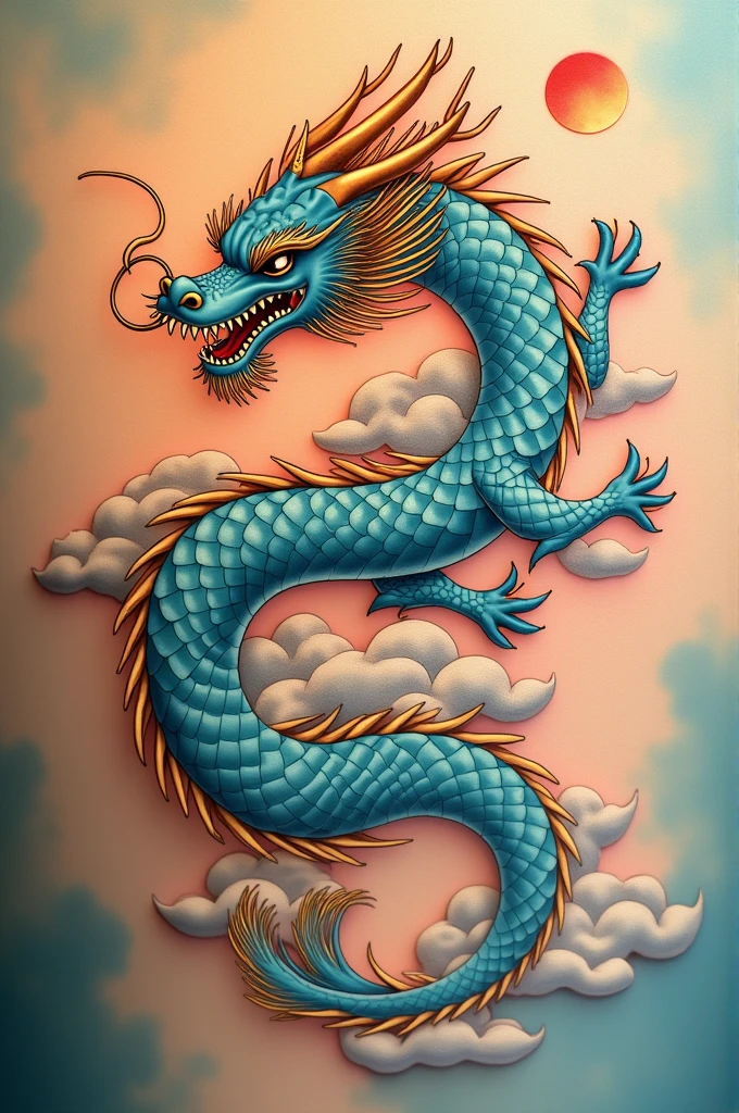 right arm tattoo of a softly colored five-clawed oriental dragon with clouds and wind cuts