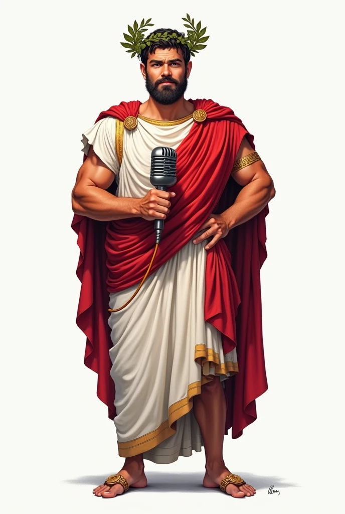 Simple colored 2D drawing without background for printing of a Roman man holding a microphone like a journalist