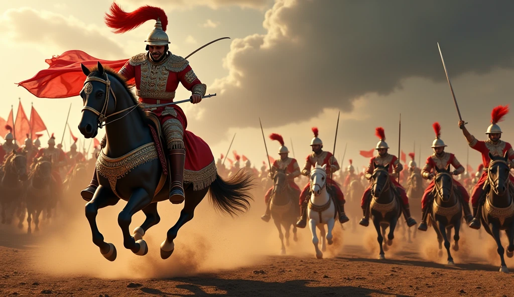 Two scenes combined: One showing a brave soldier dressed as Maharana Pratap riding away from the main battle, drawing the enemy’s attention, and another showing the real Pratap launching a surprise attack on the Mughal forces, catching them off-guard.In 3d animation style