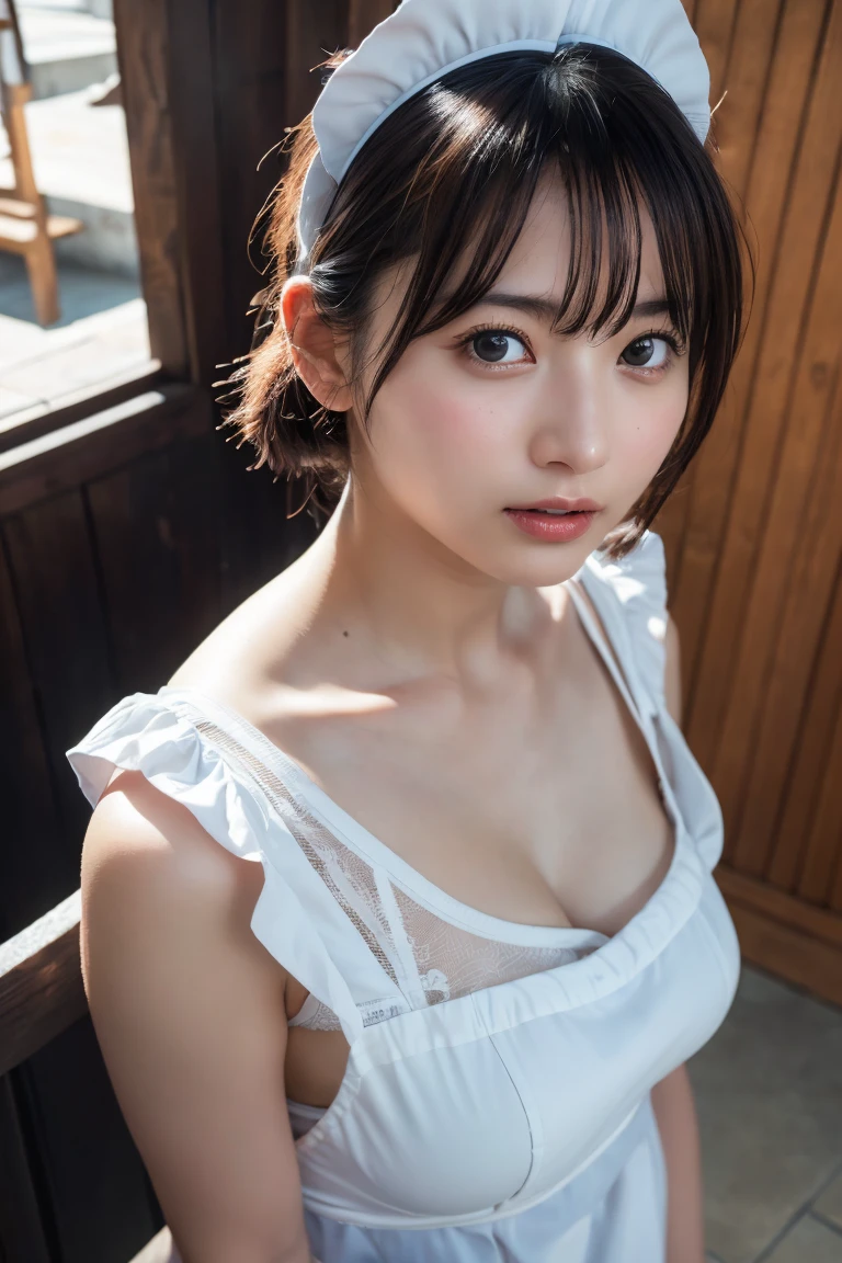 (8k, RAW Photos,Highest quality, High resolution:1.1), (Ultra-realistic:1.4),(Realistic, Realistic:1.3),The Beauty of Japan、((Upper Body:1.3)),maid喫茶、((maid:1.3)),look up、Shooting from above、cafe,from side