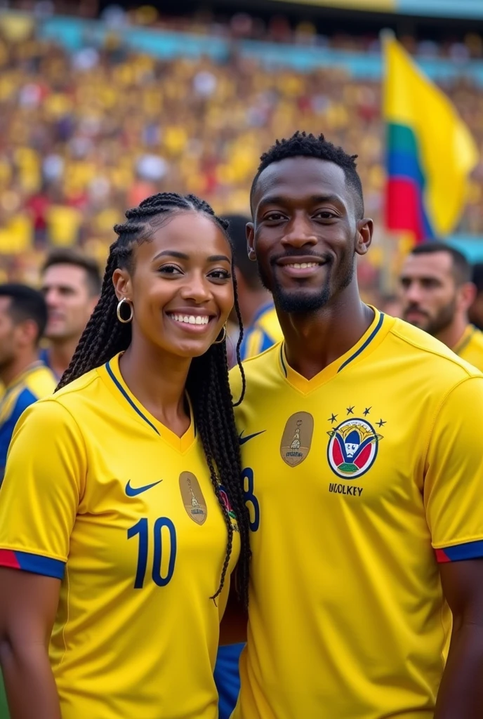 A woman and a man looking straight at the camera
in a stadium wearing a Colombia shirt with the names Vicky and Will