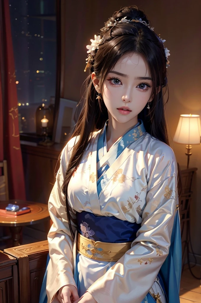 8k, RAW Photos, Highest quality, masterpiece: 1.2), (Realistic, Photo Realistic: 1.4), {{{One person}}},, Depth of written boundary, whole body, Cinema Lighting, Asian Girl, Beautiful Faces, Beautiful body, sweating, , Depth of written boundary, skin, ear, Pale skin, Highest quality, masterpiece, figure, Very disciplely and beautiful, Very detailed,CG,Unity,8k wallpaper,wonderful,In detail,Master,Highest quality,Official Art,Very detailed CG Unity 8k wallpaper,Ridiculous,incredibly Ridiculous,Large file size, Very redundant, High resolution, Very redundant, Beautiful detailed, Very detailed目と顔, Beautiful attention to detail, Light on the face, (Hanfu: 1.1), One person、Starry sky and fog cover the landscape